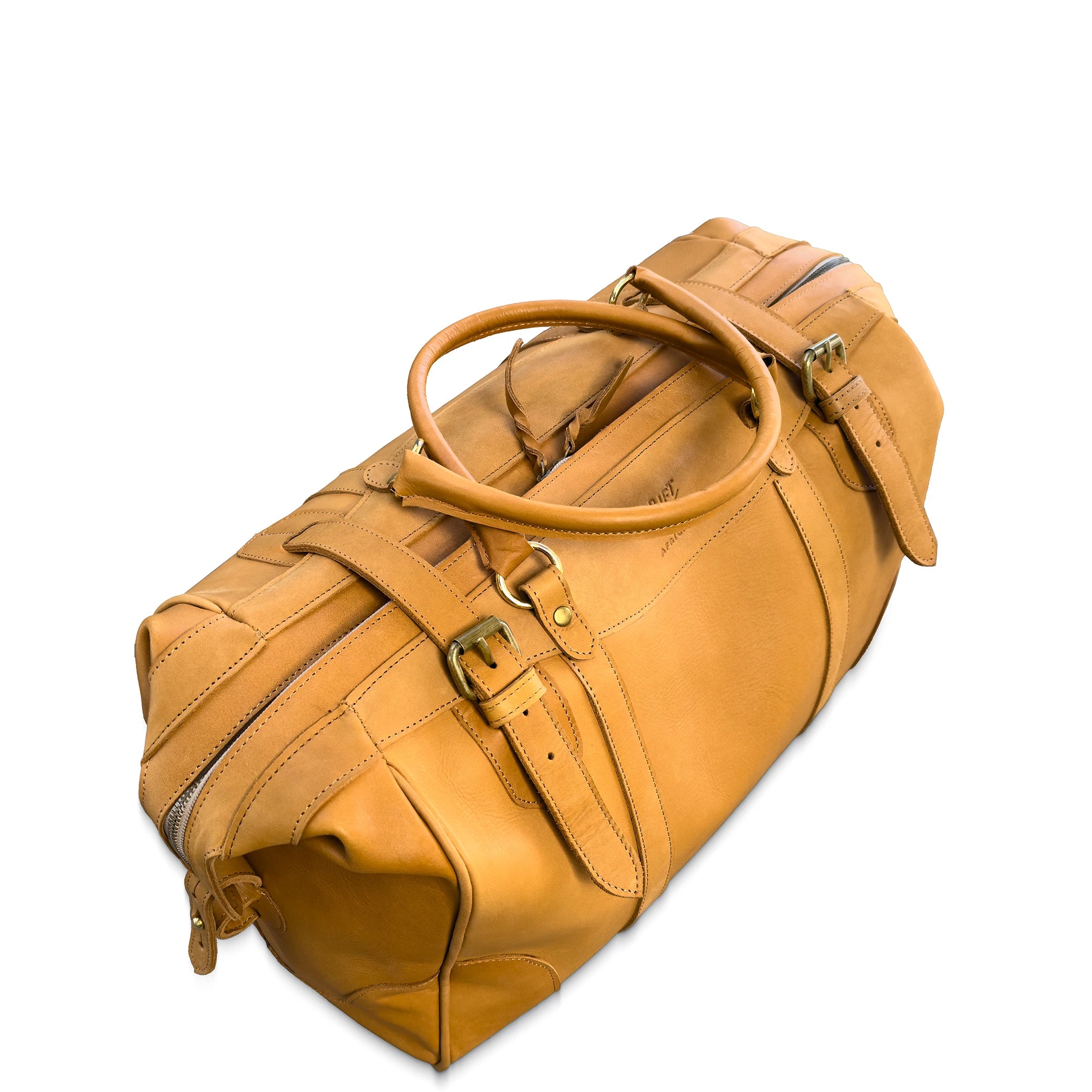 A tan leather duffel bag with dual top handles, buckle straps, and a zippered end, photographed on a clean white background.