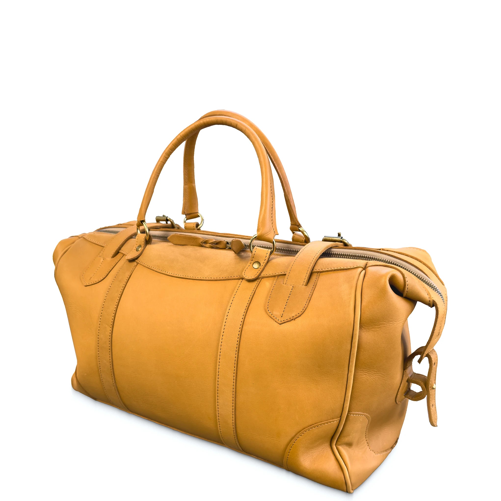 A tan leather duffel bag with double top handles, a top zipper, and a detachable shoulder strap, photographed on a clean white background.