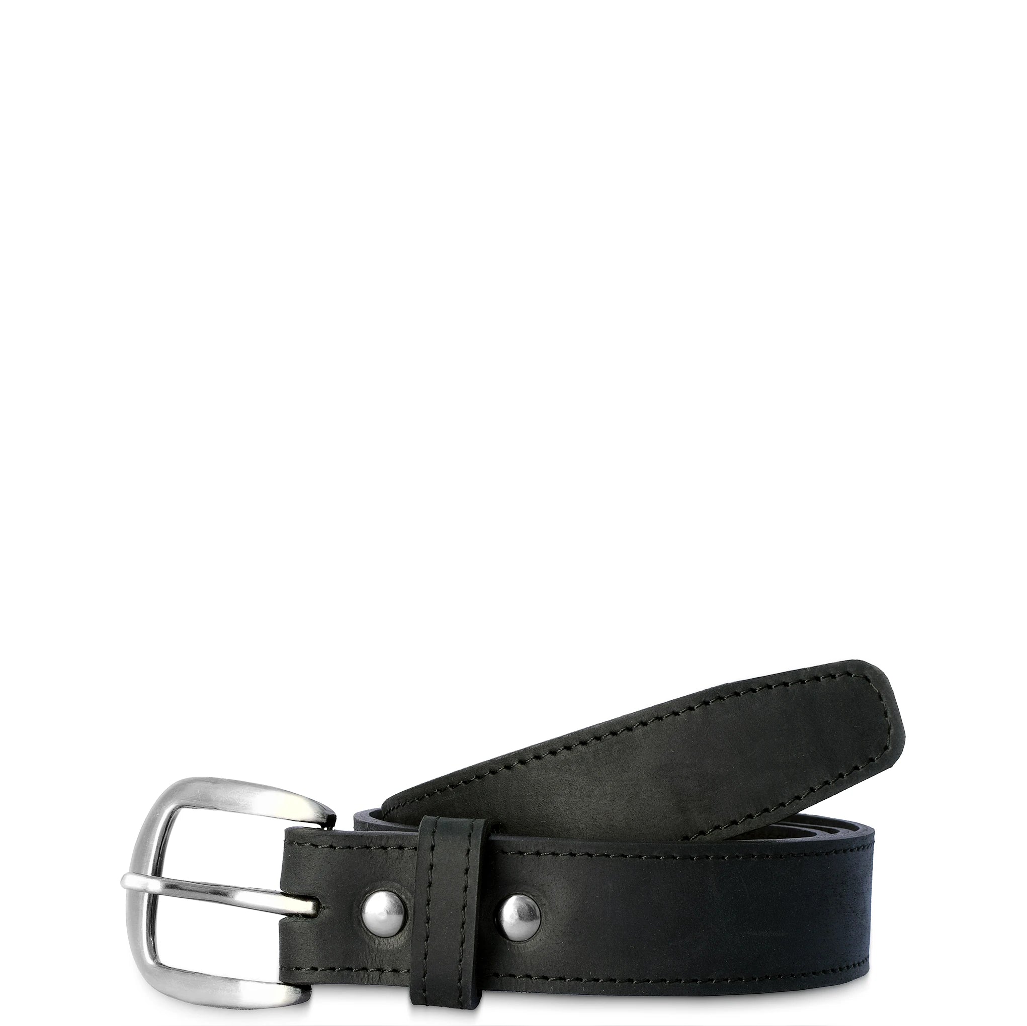 Black leather belt with silver buckle on a white background