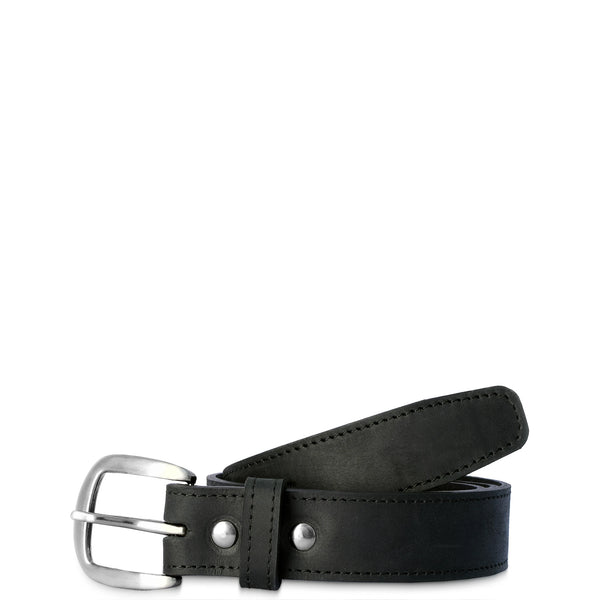 Black leather belt with silver buckle on a white background