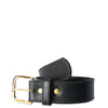 Black leather belt with a gold buckle on a white background
