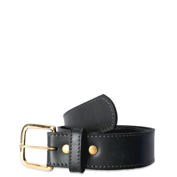 Black leather belt with a gold buckle on a white background