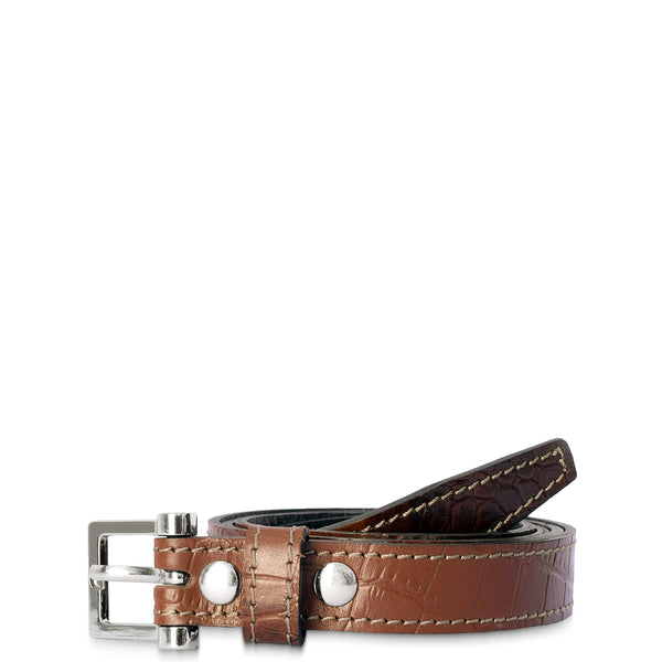 Brown leather belt with silver buckle on a white background