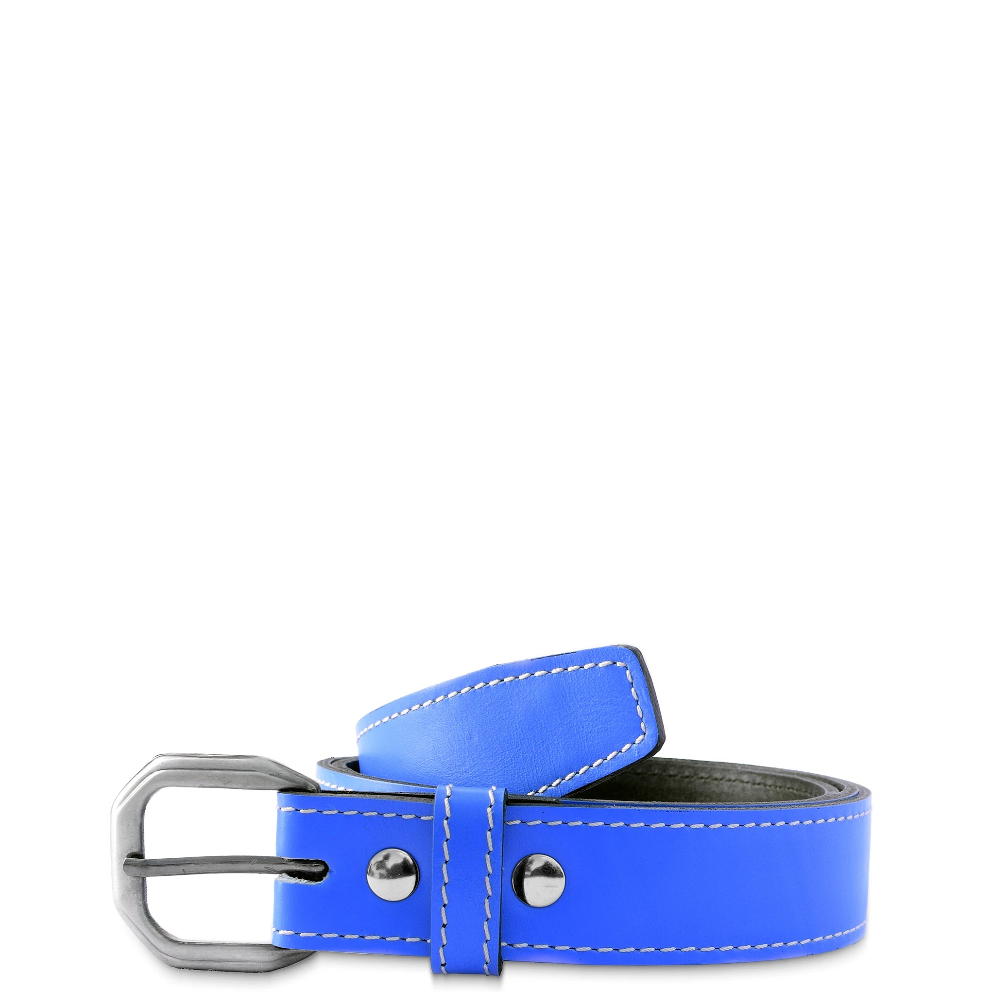 Blue belt with silver buckle on a white background