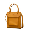 A mustard yellow leather tote bag with a front flap pocket, dual top handles, and a detachable shoulder strap, shown on a plain white background.