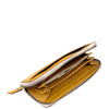 An open tan leather zip-around wallet with multiple card slots, a zippered compartment, and a cream zipper, shown on a plain white background.