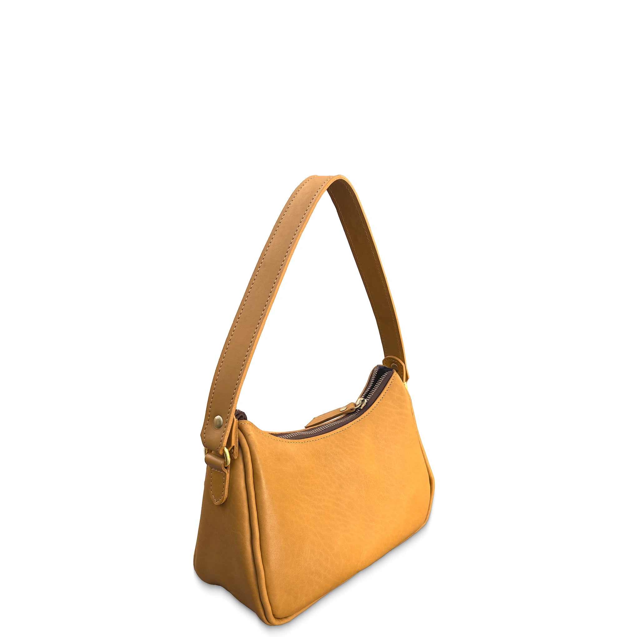 Tan handbag with a brown strap on a white background