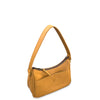 Tan leather handbag with a strap on a white background