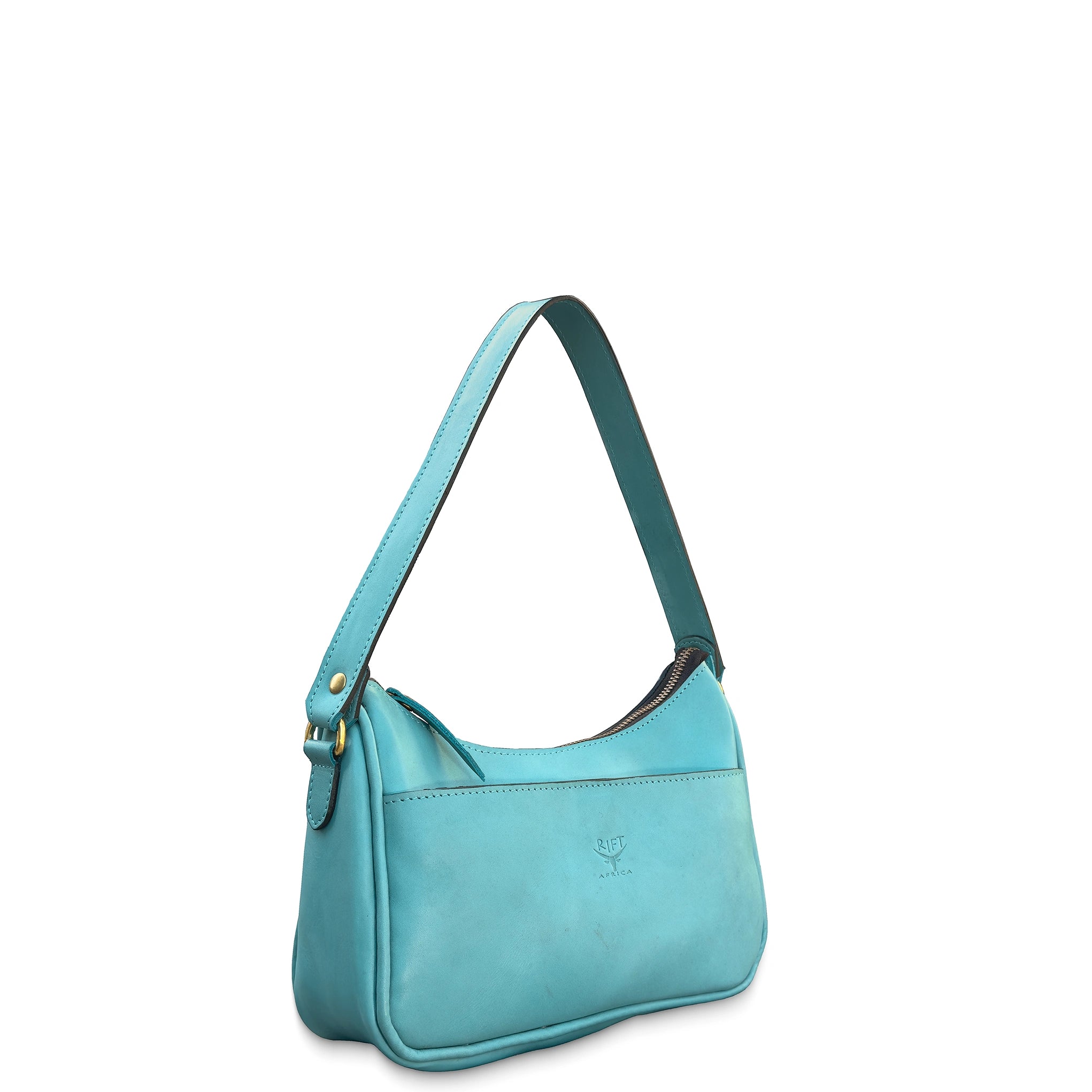 Turquoise leather handbag with a strap on a white background