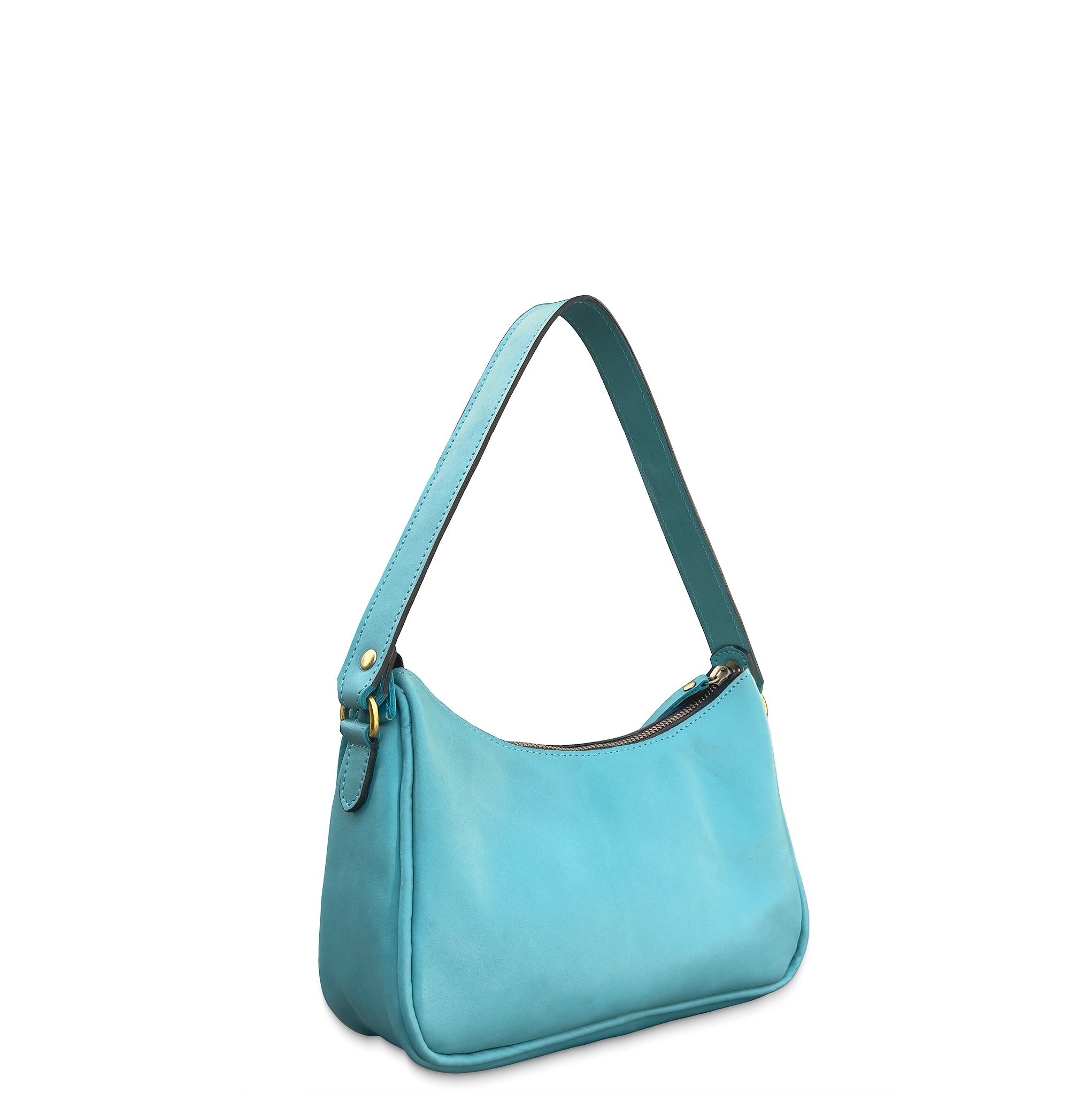 Turquoise leather handbag on a white background