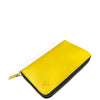 A bright yellow leather zip-around wallet with a black zipper and a small gold-toned logo embossed on the front, shown on a plain white background.