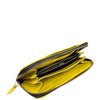 A bright yellow leather zip-around wallet shown open, displaying its interior card slots, gold-tone zippers, and a matching yellow pull tab on a plain white background.