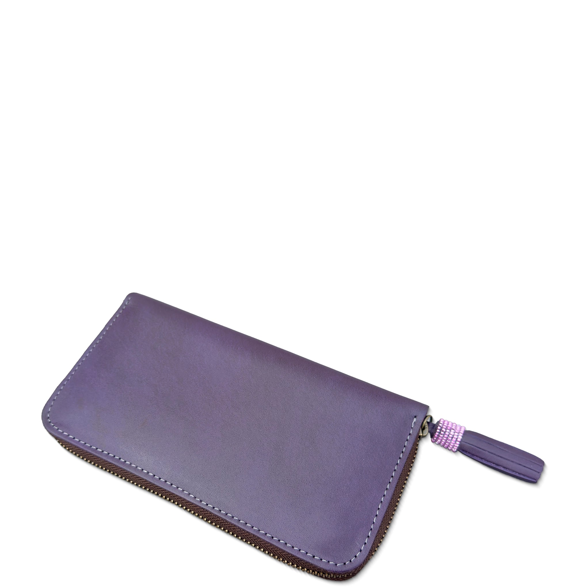 Purple wallet with a tassel on a white background