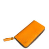 Orange leather wallet with a visible brand logo on a white background