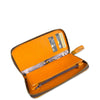 Orange wallet with card slots and zipper on a white background