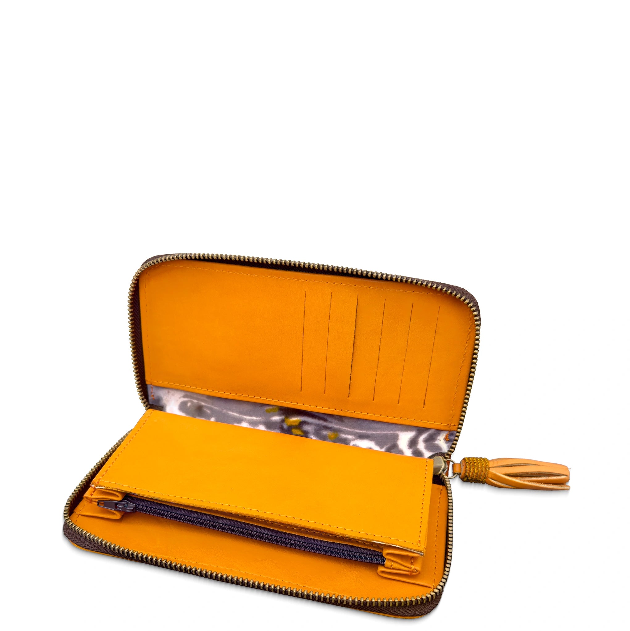 Orange wallet with a zipper on a white background