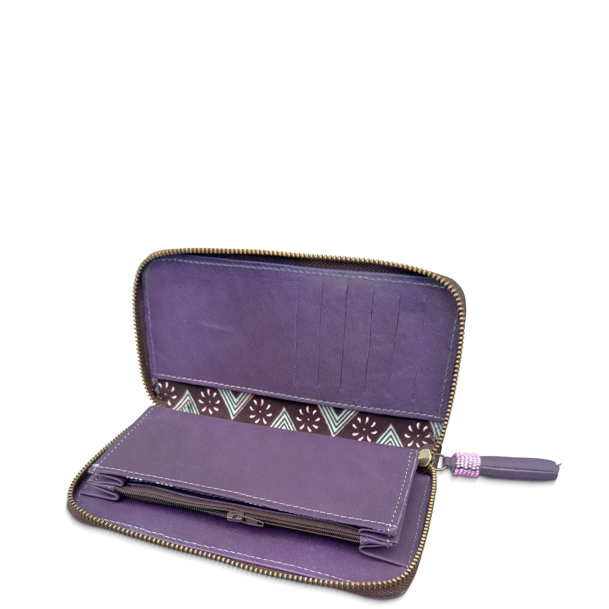 Purple wallet with geometric pattern on a white background
