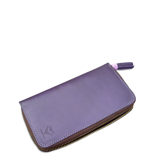 Purple wallet with a zipper on a white background