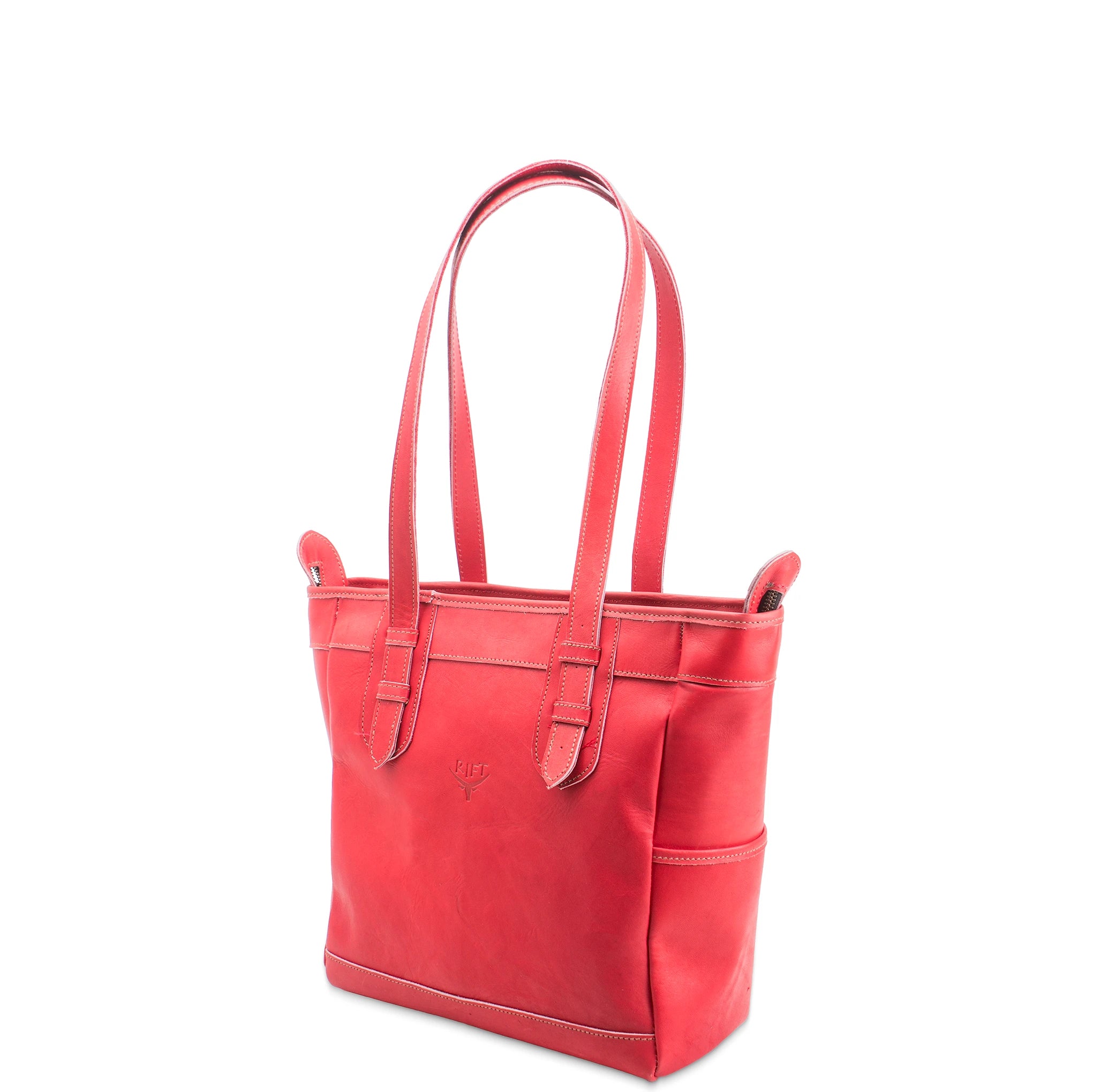Red leather tote bag on a white background