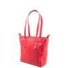 Red leather tote bag on a white background