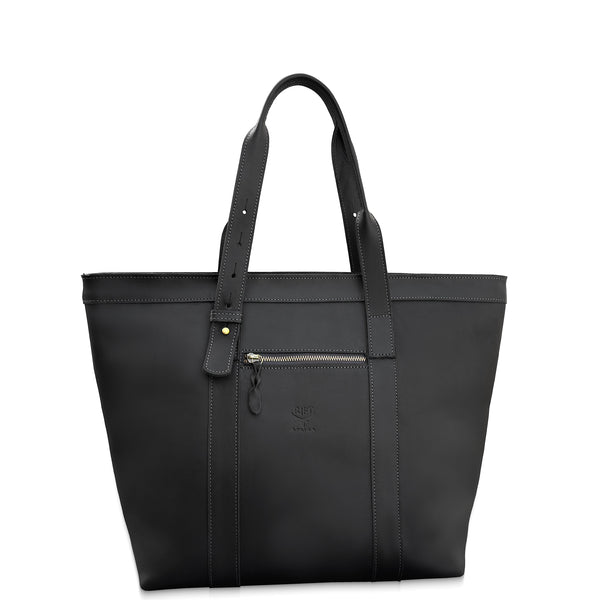 Black tote bag with shoulder straps on a white background