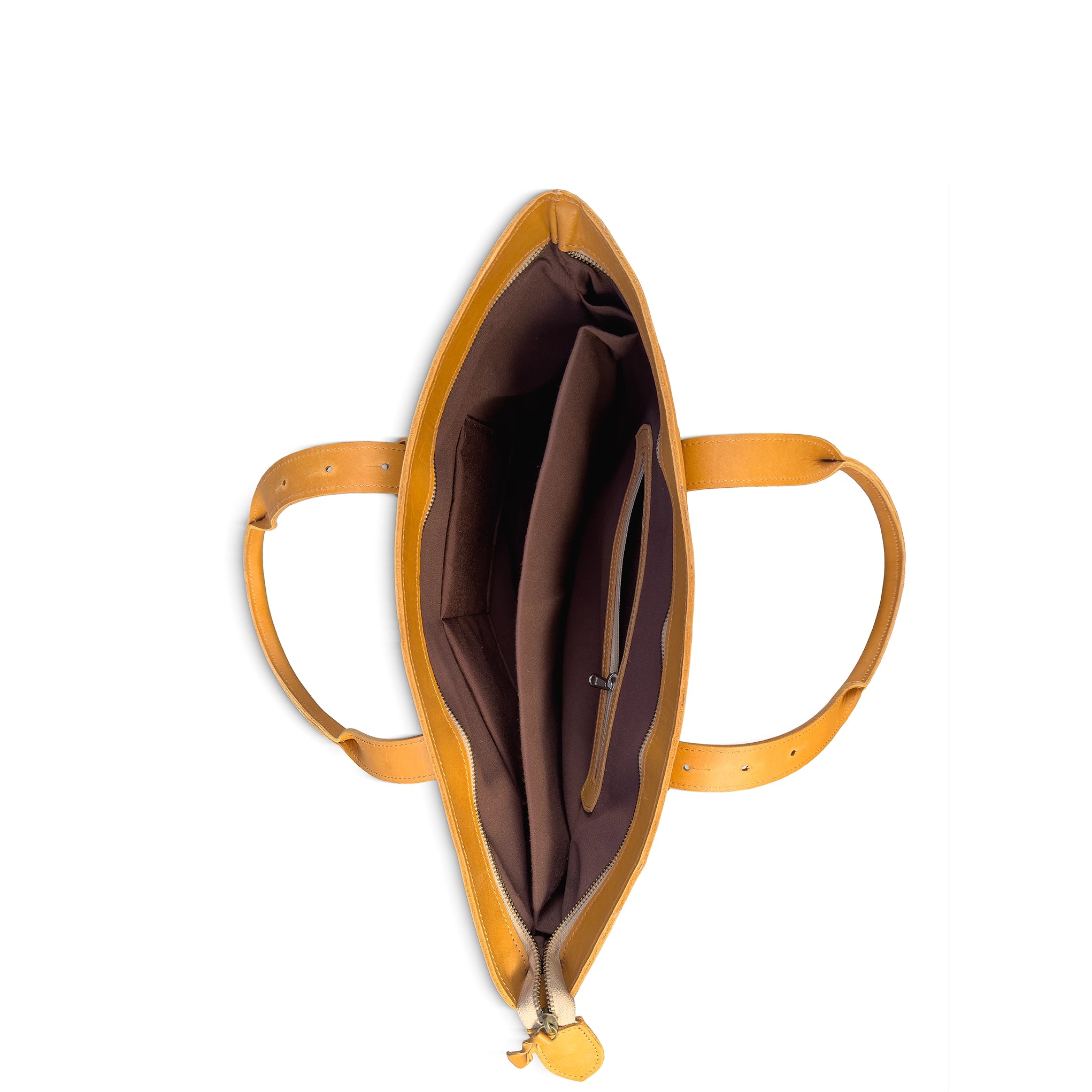 Open tan handbag with brown interior on a white background
